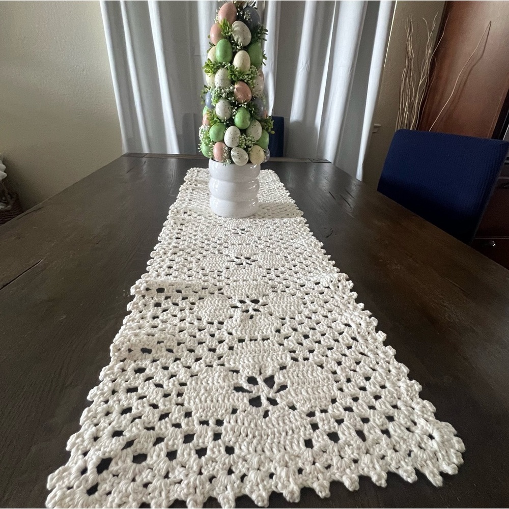 White/Cream Rectangular Crochet Flower Table Runner